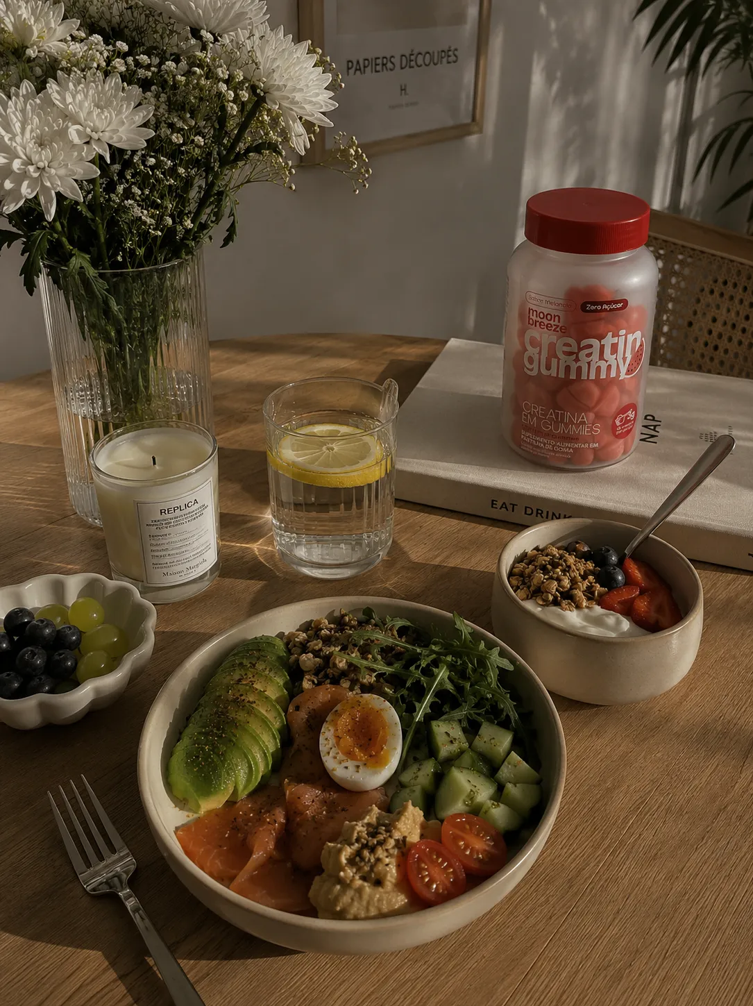 Mesa de café da manhã com bowl, frutas e a Creatin Gummy